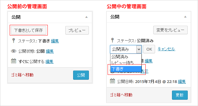 下書きで保存し、非公開にする