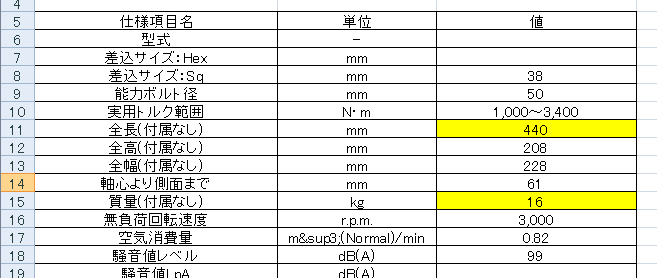 インポートするスペックExcelシートのイメージ